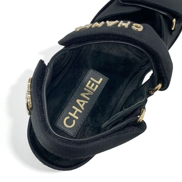 Chanel Sandals Shoes Fabric Velor Black Gold Rhinestone CC Coco Mark Logo Velcro - Picture 7 of 10